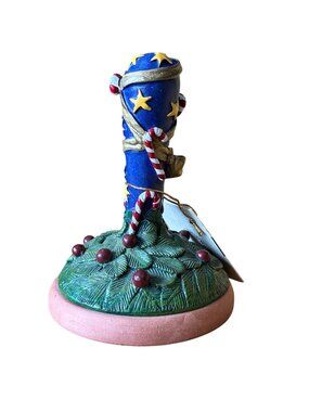 VINTAGE Shaker Hearth Cookie‎ Press Blue Gold Stars Candy Cane Terracotta Handle